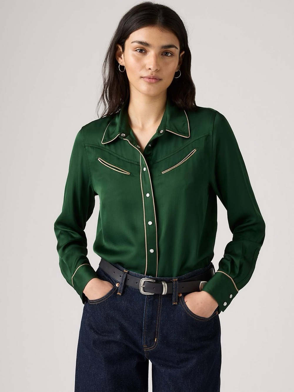 Levi’s Green Satin Viscose Ultimate Western Shirt Contrast Piping Snap Front L - Picture 8 of 8